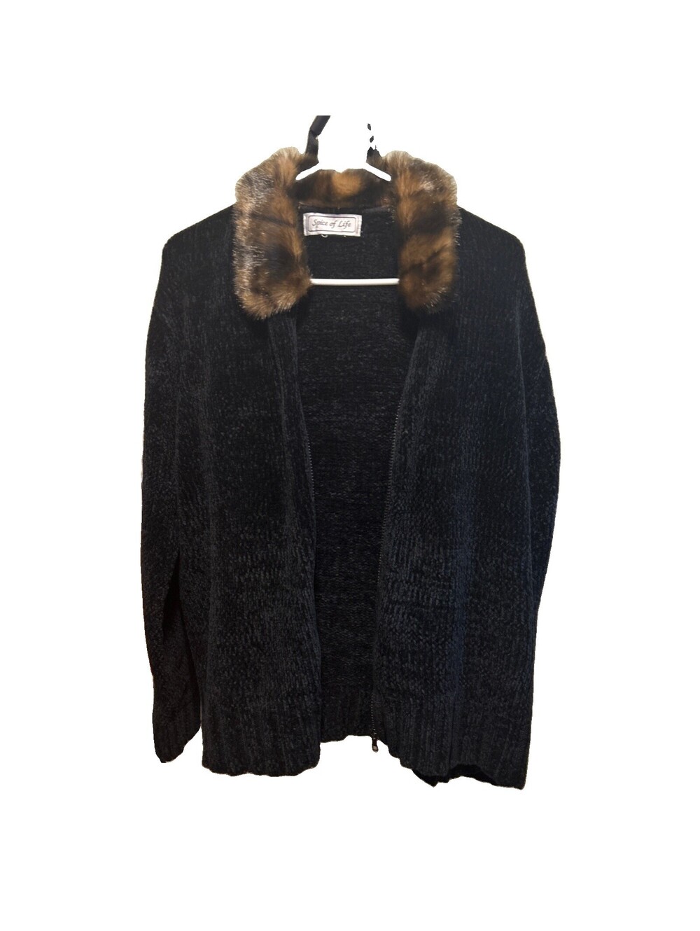 XL Sweater Spice Of Life Black Knit Sweater With Zip Up Faux Fur Collar Vintage